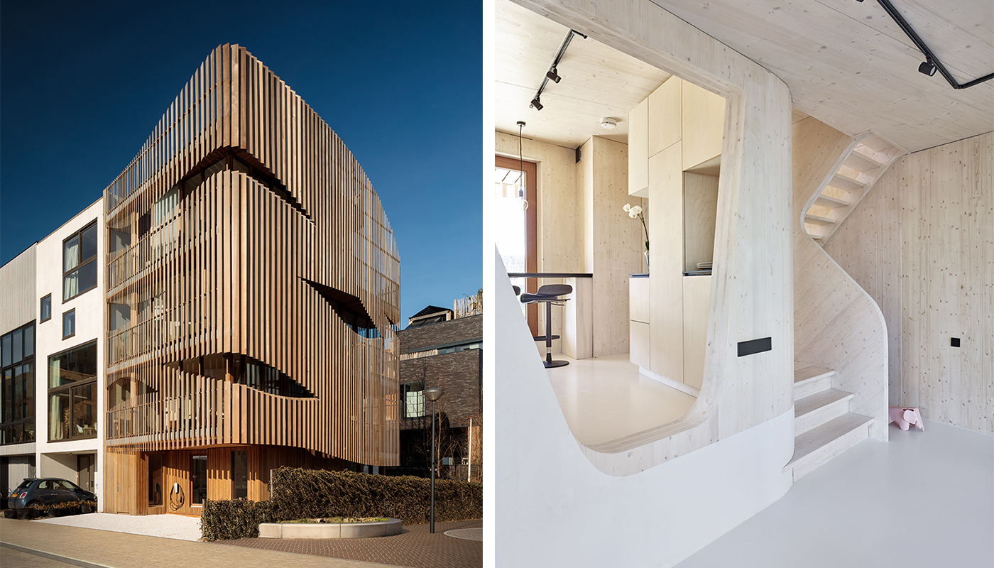 design-edificio-residenza-complesso-doghe-legno-organicismo-innovazione-costruzione-natura-interno-esterno-soggiorno-sole- movimento-privacy-facciata